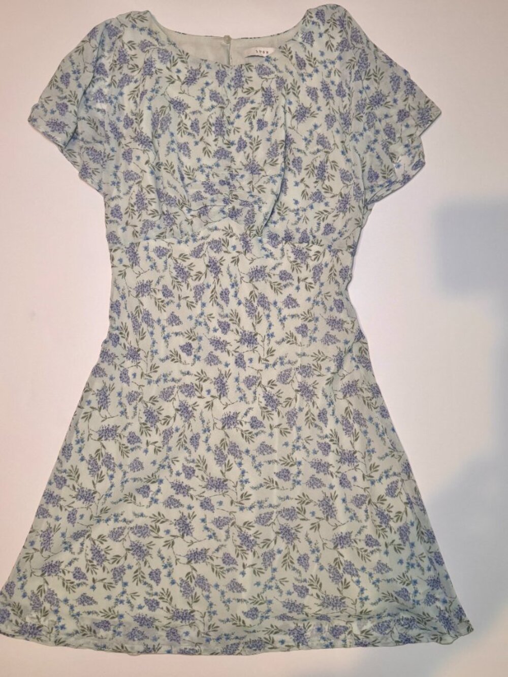 Lush Floral Mini Dress Womens White Blue Short Sleeve Cottagecore Size S Travel